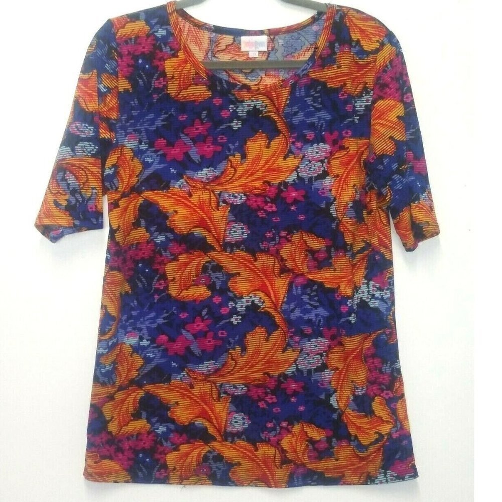 Lularoe top 2XL multicolor floral leaf print short sleeve tunic pullover STRETCH